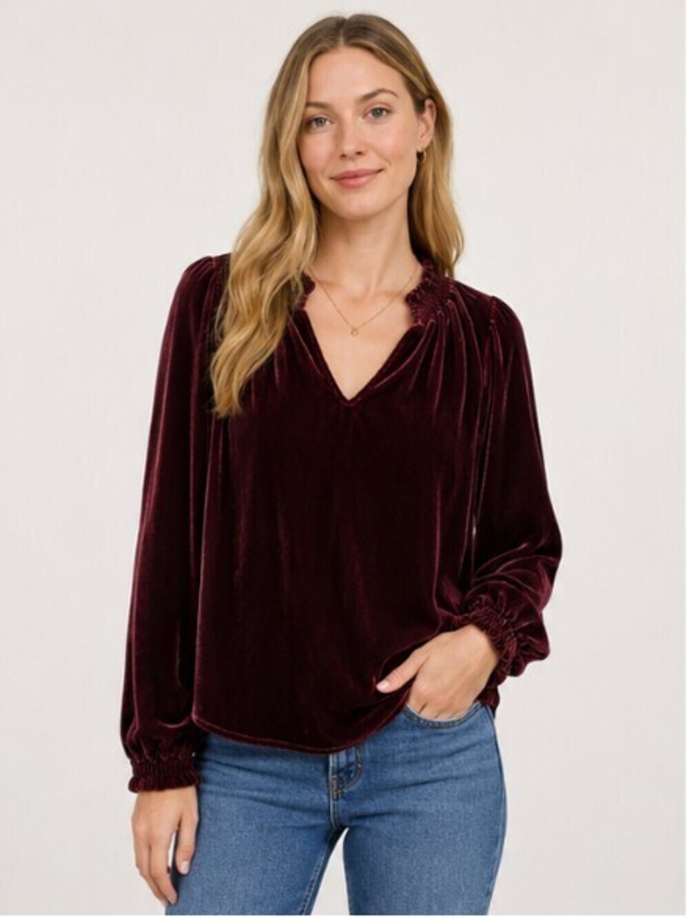 Bella Dahl Silk Rayon Velvet Blouse Burgundy Smocked Split Neck Small